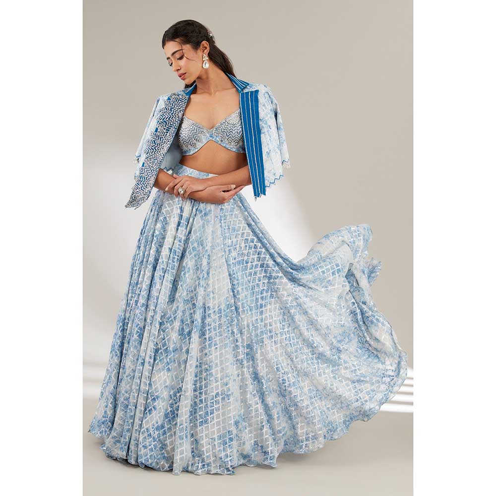Ajiesh Oberoi Blue Crop Jacket with Bralette and Skirt (Set of 3)