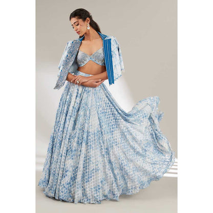 Ajiesh Oberoi Blue Crop Jacket with Bralette and Skirt (Set of 3)
