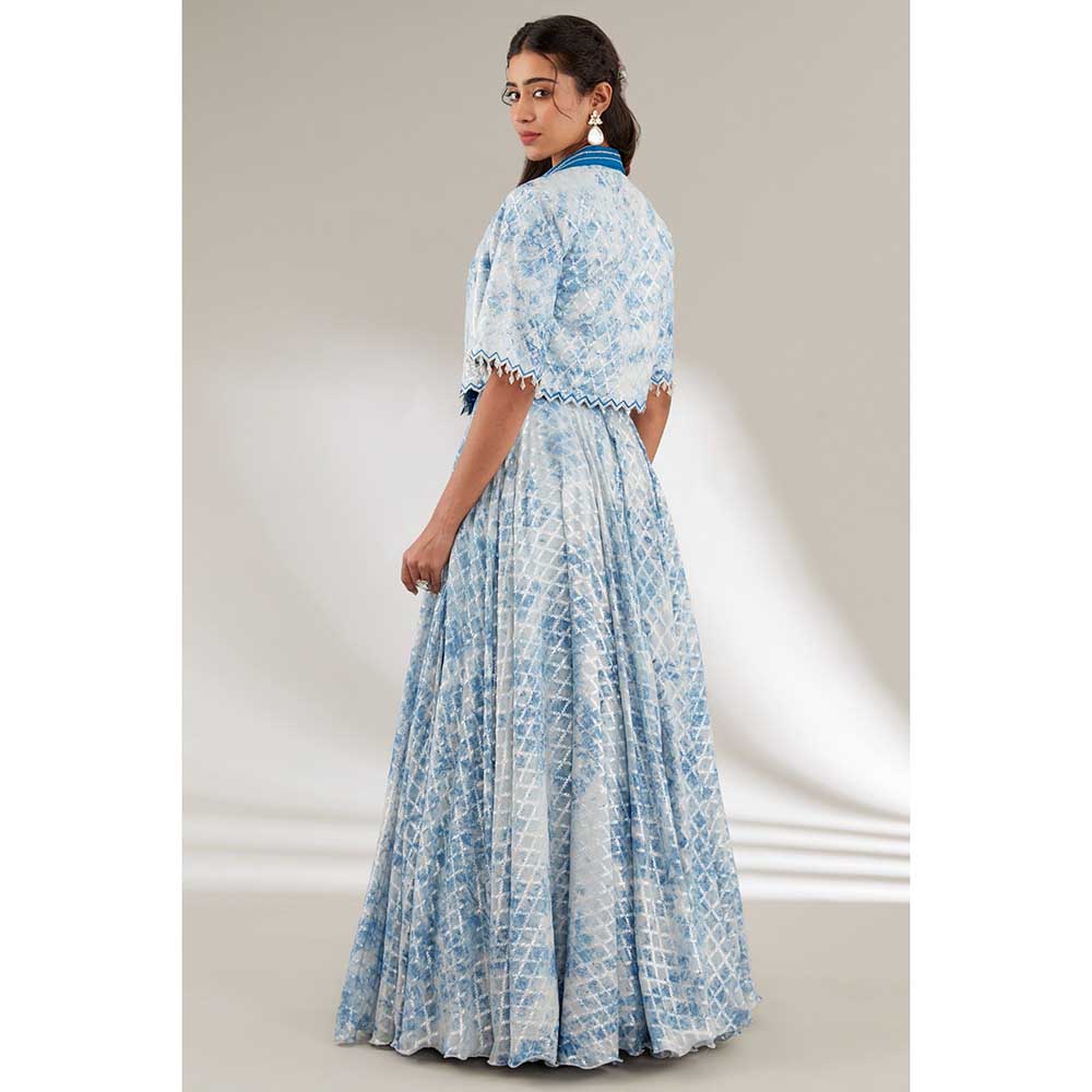 Ajiesh Oberoi Blue Crop Jacket with Bralette and Skirt (Set of 3)