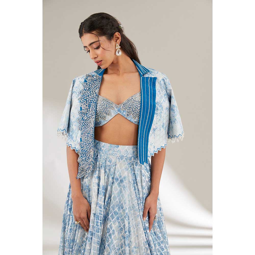 Ajiesh Oberoi Blue Crop Jacket with Bralette and Skirt (Set of 3)