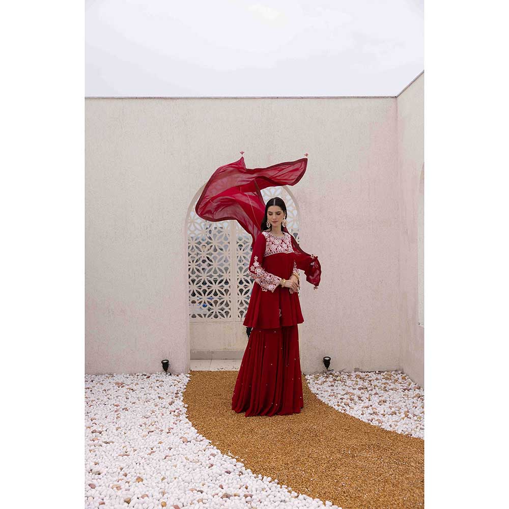 Ajiesh Oberoi Red Phool Peplum Top with Sharara and Dupatta (Set of 3)