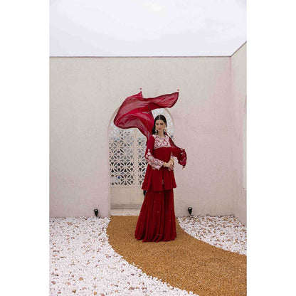 Ajiesh Oberoi Red Phool Peplum Top with Sharara and Dupatta (Set of 3)