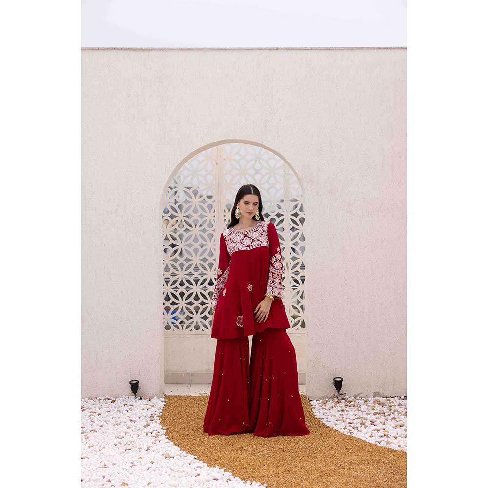 Ajiesh Oberoi Red Phool Peplum Top with Sharara and Dupatta (Set of 3)