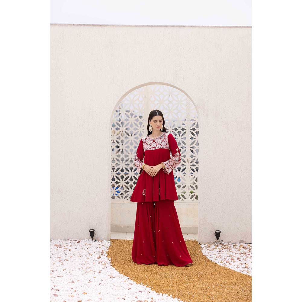 Ajiesh Oberoi Red Phool Peplum Top with Sharara and Dupatta (Set of 3)