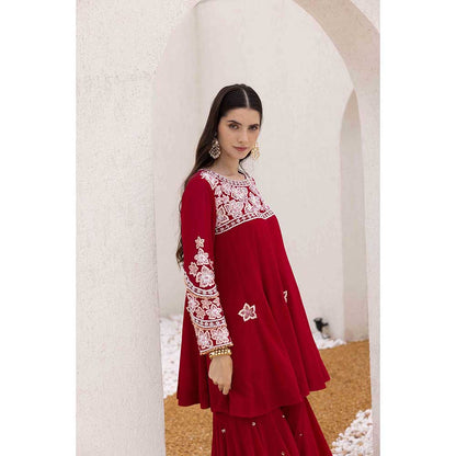 Ajiesh Oberoi Red Phool Peplum Top with Sharara and Dupatta (Set of 3)