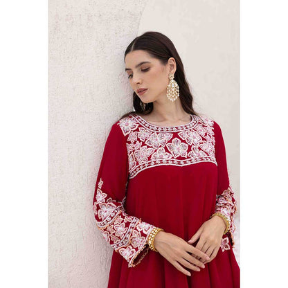 Ajiesh Oberoi Red Phool Peplum Top with Sharara and Dupatta (Set of 3)