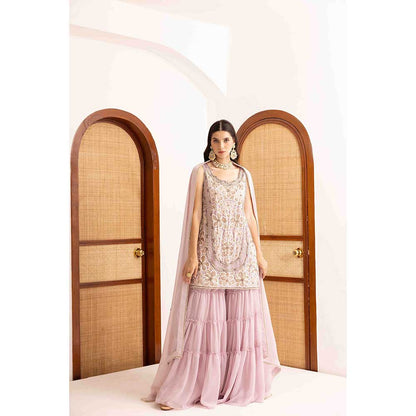 Ajiesh Oberoi Lavender Prisha Short Kurta with Sharara and Dupatta (Set of 3)