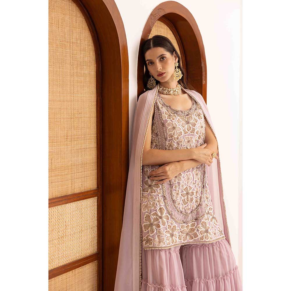 Ajiesh Oberoi Lavender Prisha Short Kurta with Sharara and Dupatta (Set of 3)