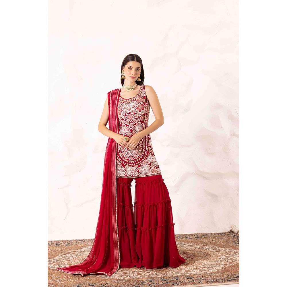 Ajiesh Oberoi Red Prisha Short Kurta with Sharara and Dupatta (Set of 3)