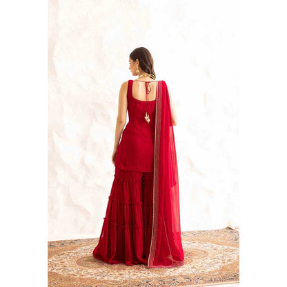 Ajiesh Oberoi Red Prisha Short Kurta with Sharara and Dupatta (Set of 3)