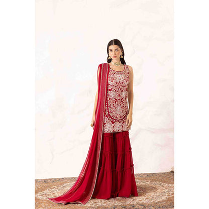 Ajiesh Oberoi Red Prisha Short Kurta with Sharara and Dupatta (Set of 3)