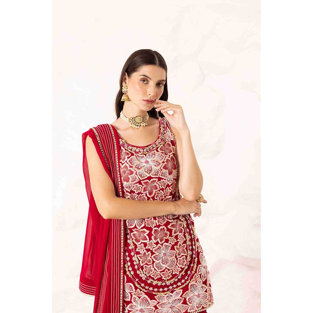 Ajiesh Oberoi Red Prisha Short Kurta with Sharara and Dupatta (Set of 3)