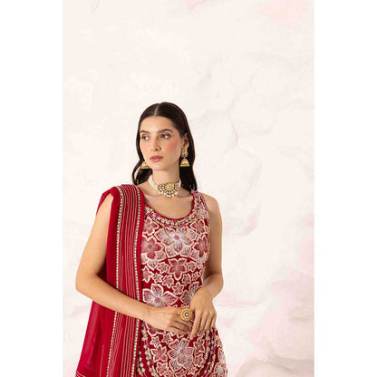 Ajiesh Oberoi Red Prisha Short Kurta with Sharara and Dupatta (Set of 3)