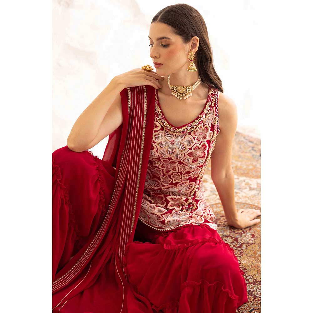 Ajiesh Oberoi Red Prisha Short Kurta with Sharara and Dupatta (Set of 3)