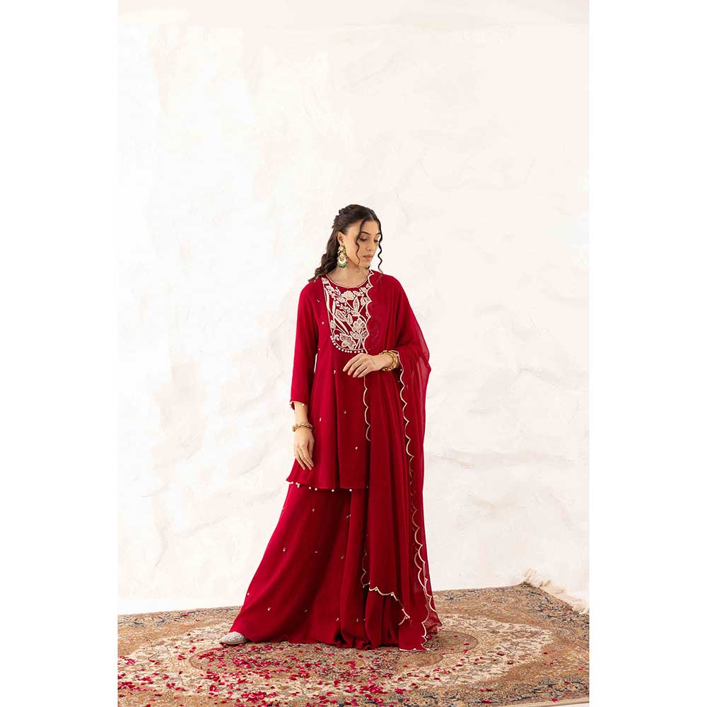 Ajiesh Oberoi Red Anchal Peplum Top with Sharara and Dupatta (Set of 3)
