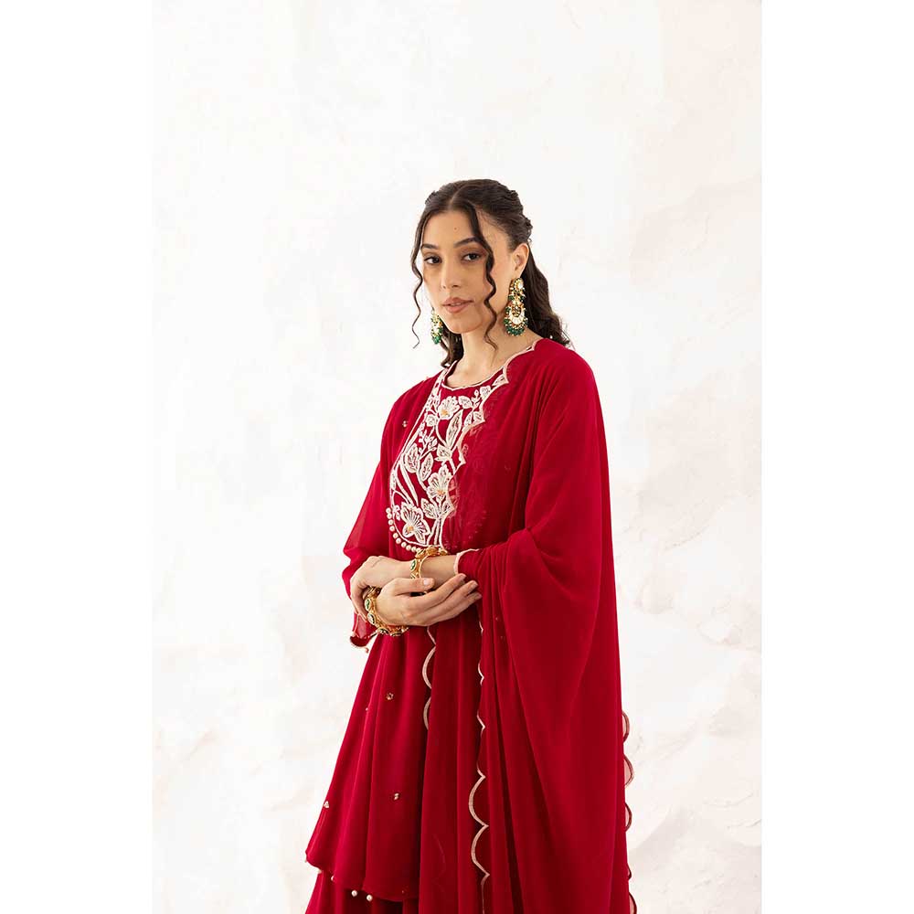 Ajiesh Oberoi Red Anchal Peplum Top with Sharara and Dupatta (Set of 3)