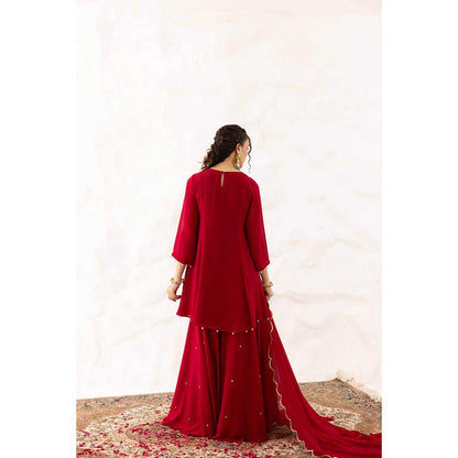 Ajiesh Oberoi Red Anchal Peplum Top with Sharara and Dupatta (Set of 3)