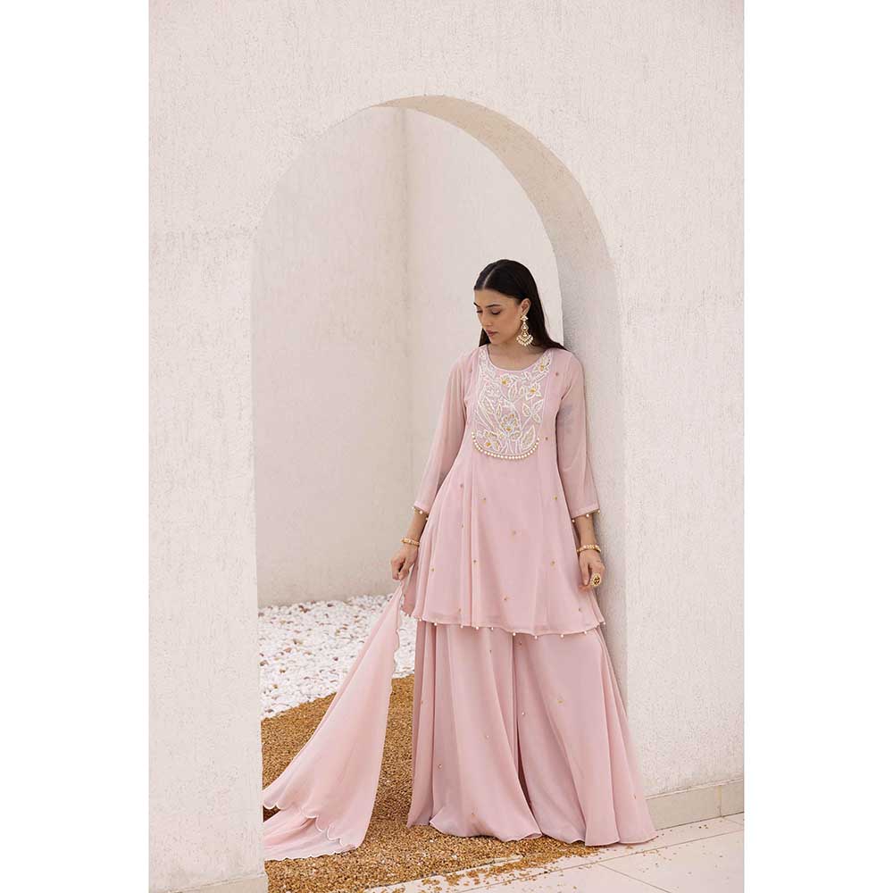 Ajiesh Oberoi Pink Anchal Peplum Top with Sharara and Dupatta (Set of 3)