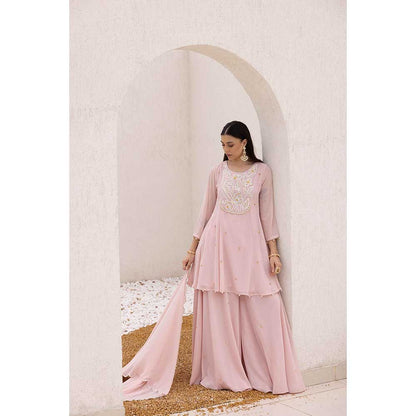 Ajiesh Oberoi Pink Anchal Peplum Top with Sharara and Dupatta (Set of 3)