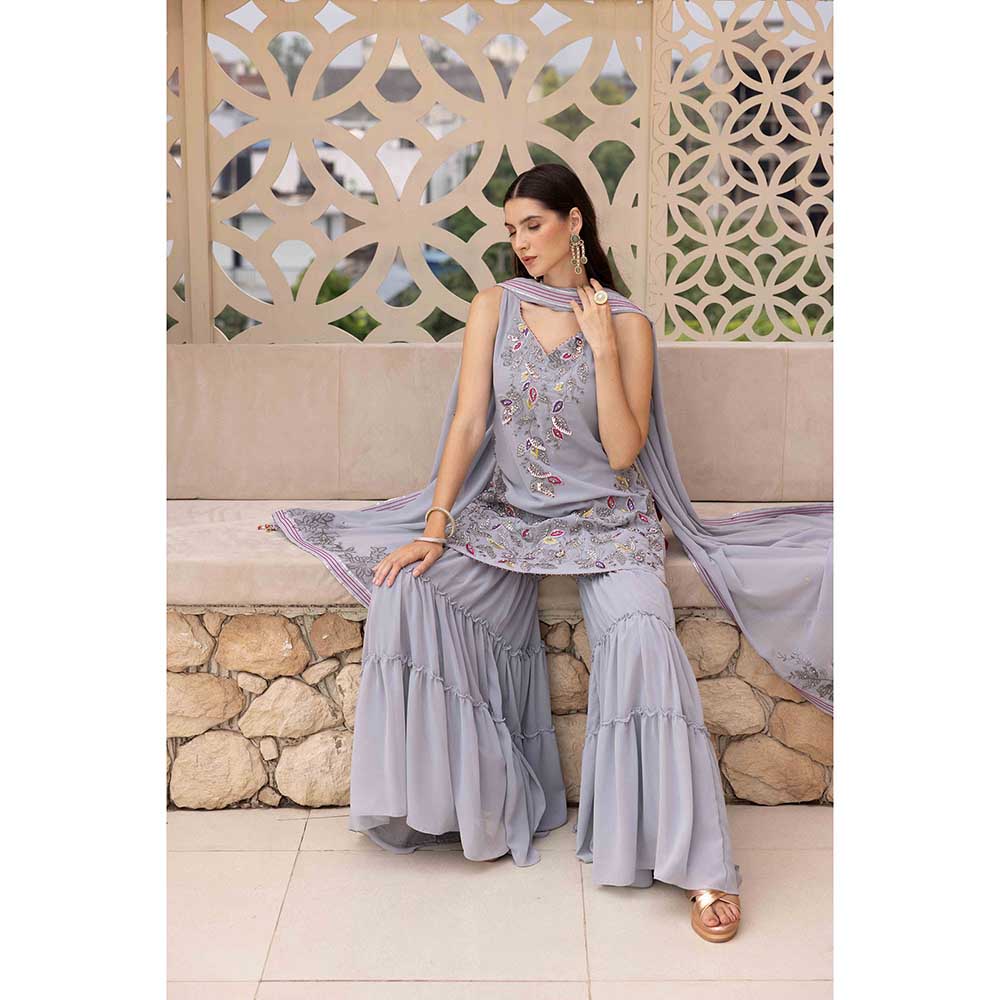 Ajiesh Oberoi Grey Jiya Short Kurti with Sharara and Dupatta (Set of 3)