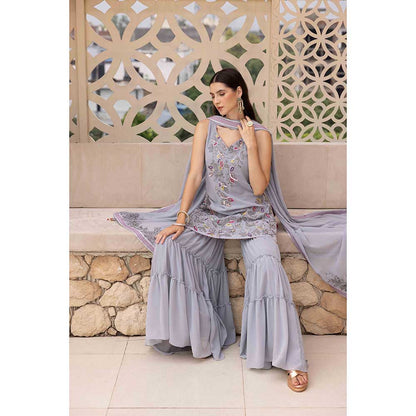 Ajiesh Oberoi Grey Jiya Short Kurti with Sharara and Dupatta (Set of 3)