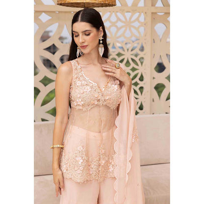 Ajiesh Oberoi Peach Surat Peplum Top with Sharara and Dupatta (Set of 3)