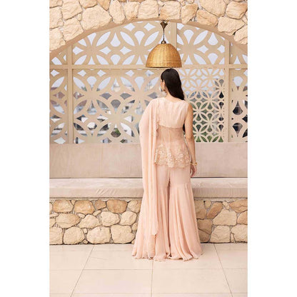 Ajiesh Oberoi Peach Surat Peplum Top with Sharara and Dupatta (Set of 3)