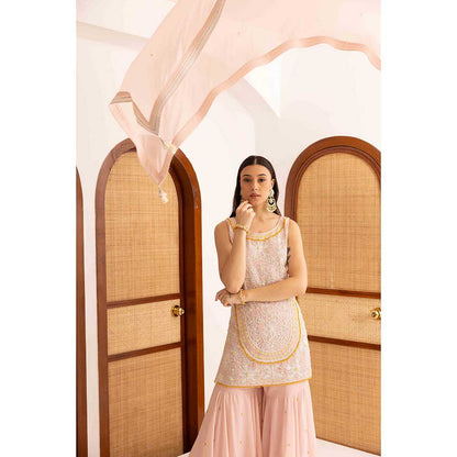 Ajiesh Oberoi Peach Kurti with Sharara and Dupatta (Set of 3)