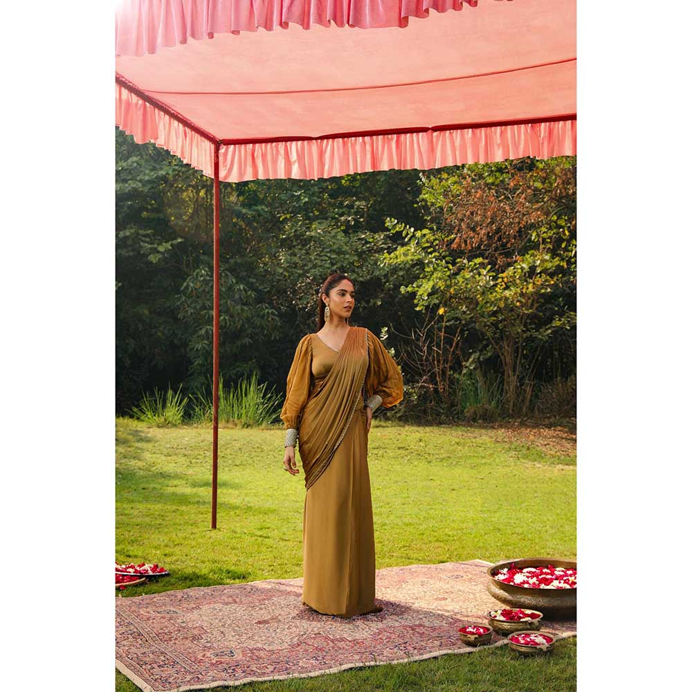 Ajiesh Oberoi Princess Sleeves Scalps Pre Stitched Drape Saree With Stitched Blouse - Gold