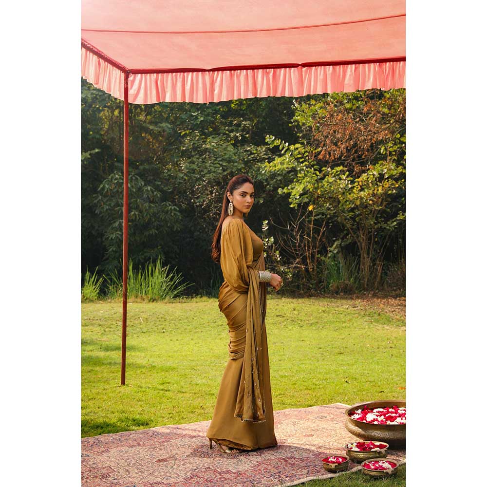 Ajiesh Oberoi Princess Sleeves Scalps Pre Stitched Drape Saree With Stitched Blouse - Gold