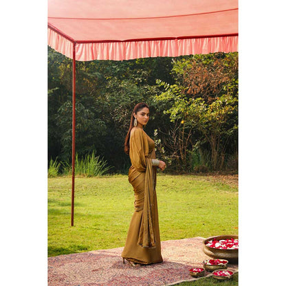 Ajiesh Oberoi Princess Sleeves Scalps Pre Stitched Drape Saree With Stitched Blouse - Gold