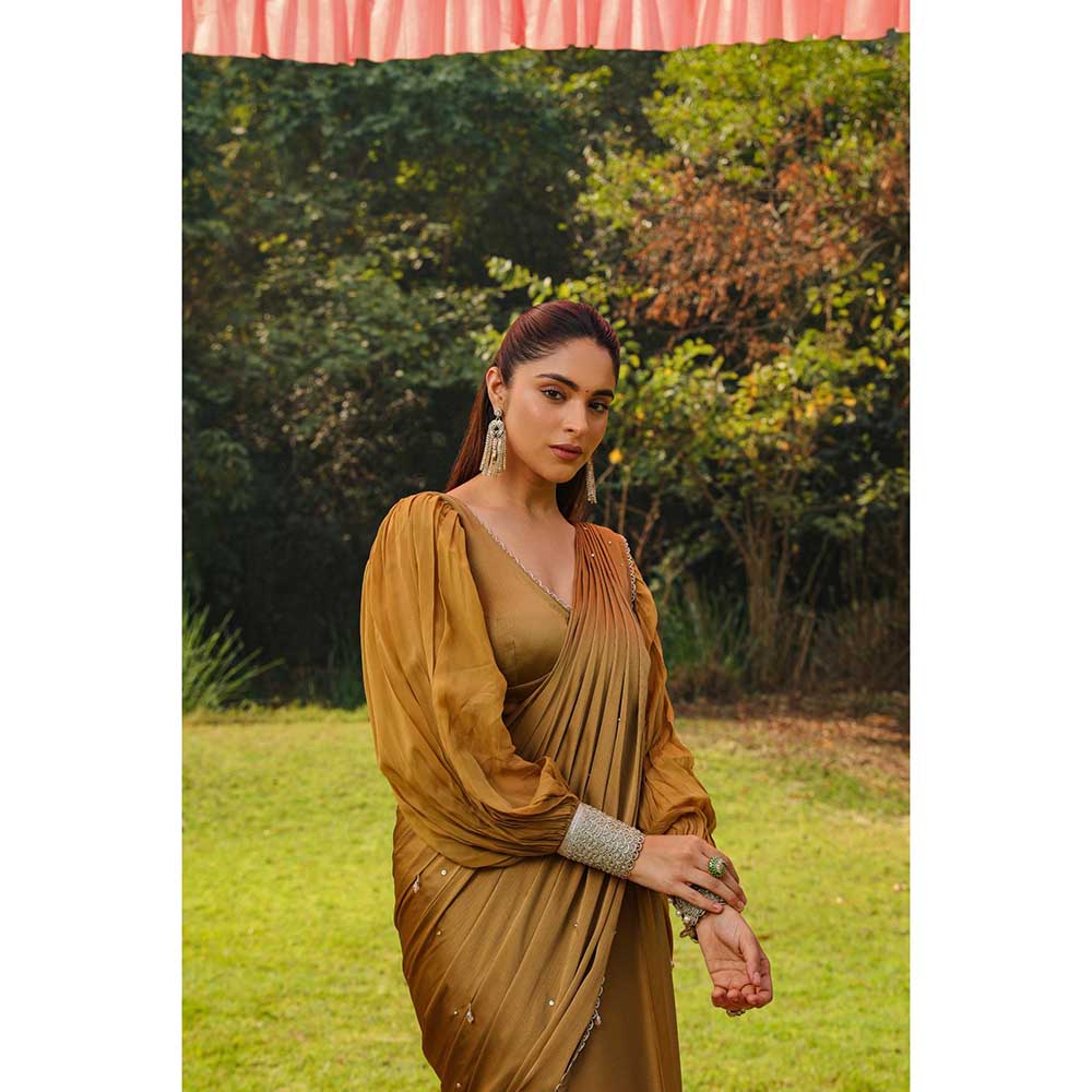 Ajiesh Oberoi Princess Sleeves Scalps Pre Stitched Drape Saree With Stitched Blouse - Gold