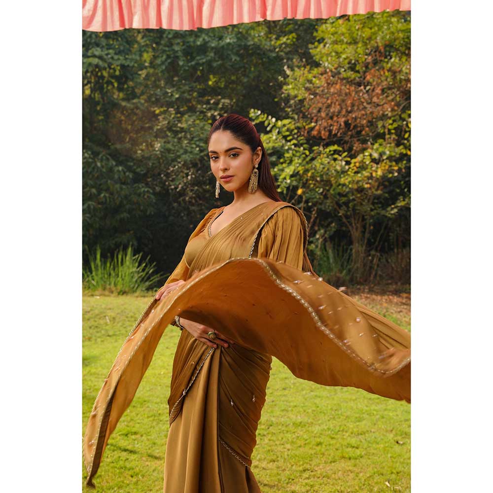 Ajiesh Oberoi Princess Sleeves Scalps Pre Stitched Drape Saree With Stitched Blouse - Gold
