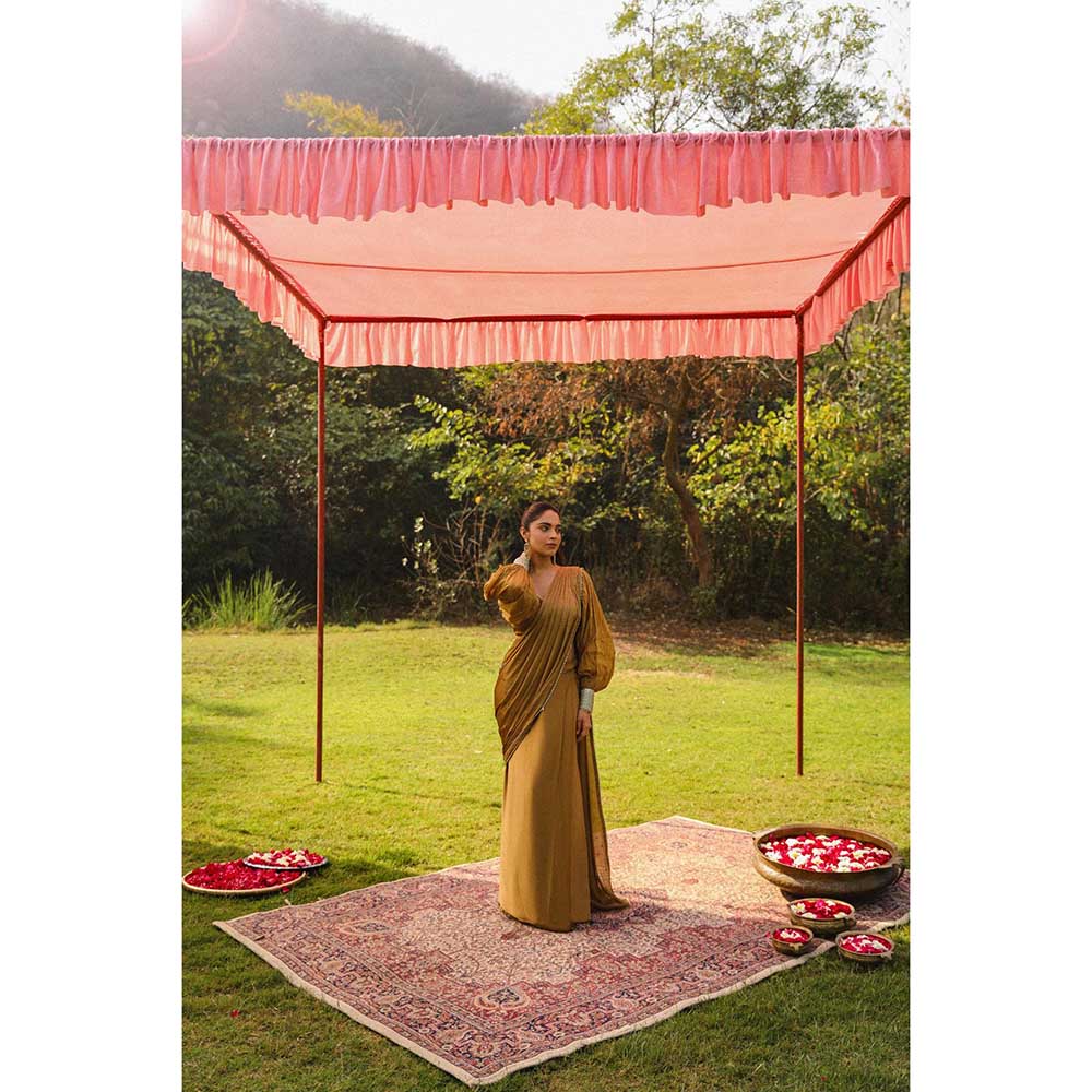 Ajiesh Oberoi Princess Sleeves Scalps Pre Stitched Drape Saree With Stitched Blouse - Gold