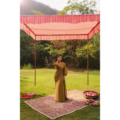 Ajiesh Oberoi Princess Sleeves Scalps Pre Stitched Drape Saree With Stitched Blouse - Gold