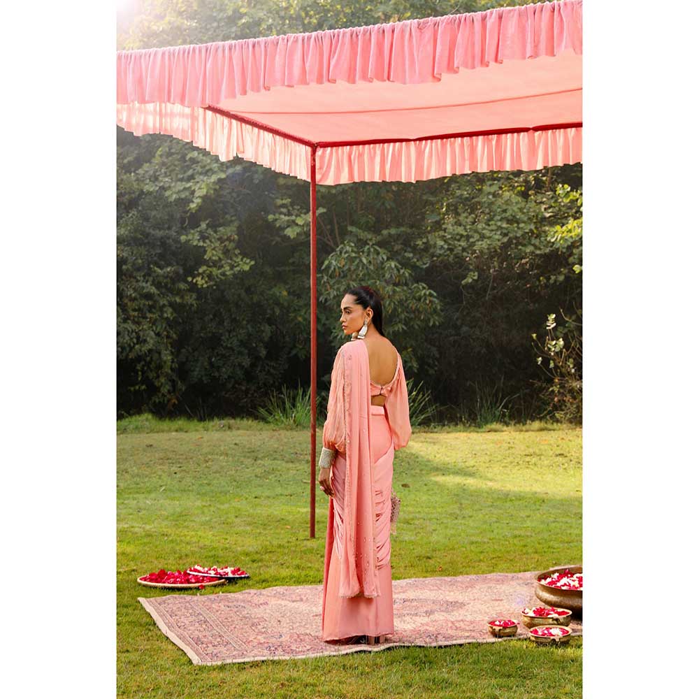 Ajiesh Oberoi Princess Sleeves Scalps Pre Stitched Drape Saree With Stitched Blouse - Pink