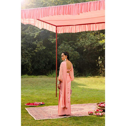 Ajiesh Oberoi Princess Sleeves Scalps Pre Stitched Drape Saree With Stitched Blouse - Pink