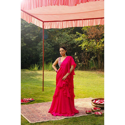 Ajiesh Oberoi Crystal Jaal Work Heavy Stitched Blouse With Pre Drape Saree - Pink
