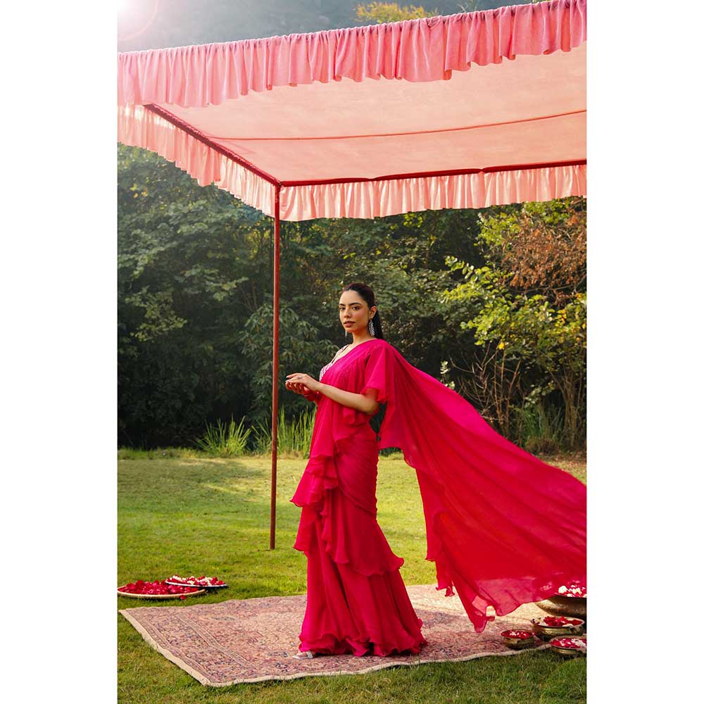 Ajiesh Oberoi Crystal Jaal Work Heavy Stitched Blouse With Pre Drape Saree - Pink
