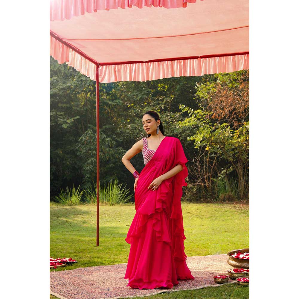 Ajiesh Oberoi Crystal Jaal Work Heavy Stitched Blouse With Pre Drape Saree - Pink