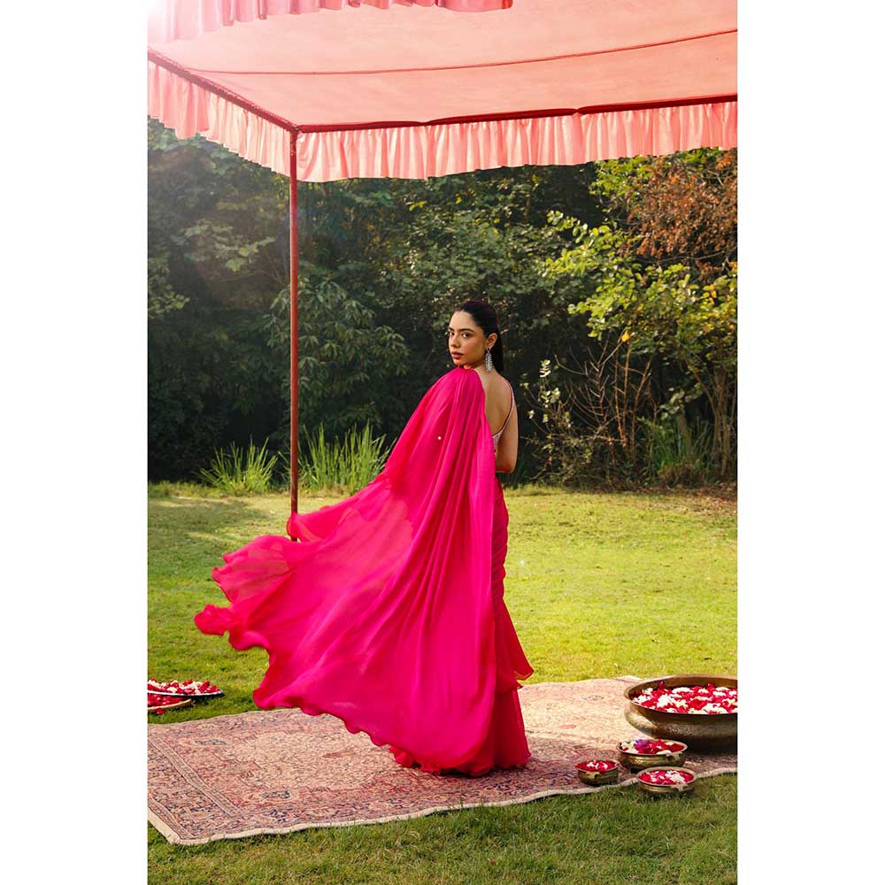 Ajiesh Oberoi Crystal Jaal Work Heavy Stitched Blouse With Pre Drape Saree - Pink