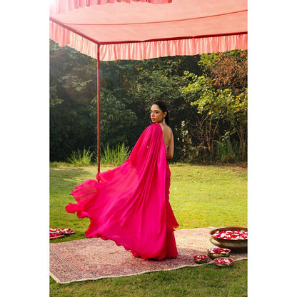 Ajiesh Oberoi Crystal Jaal Work Heavy Stitched Blouse With Pre Drape Saree - Pink