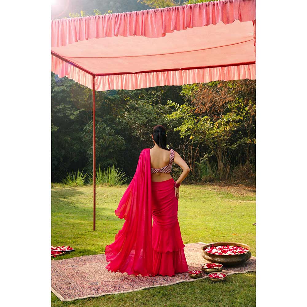 Ajiesh Oberoi Crystal Jaal Work Heavy Stitched Blouse With Pre Drape Saree - Pink