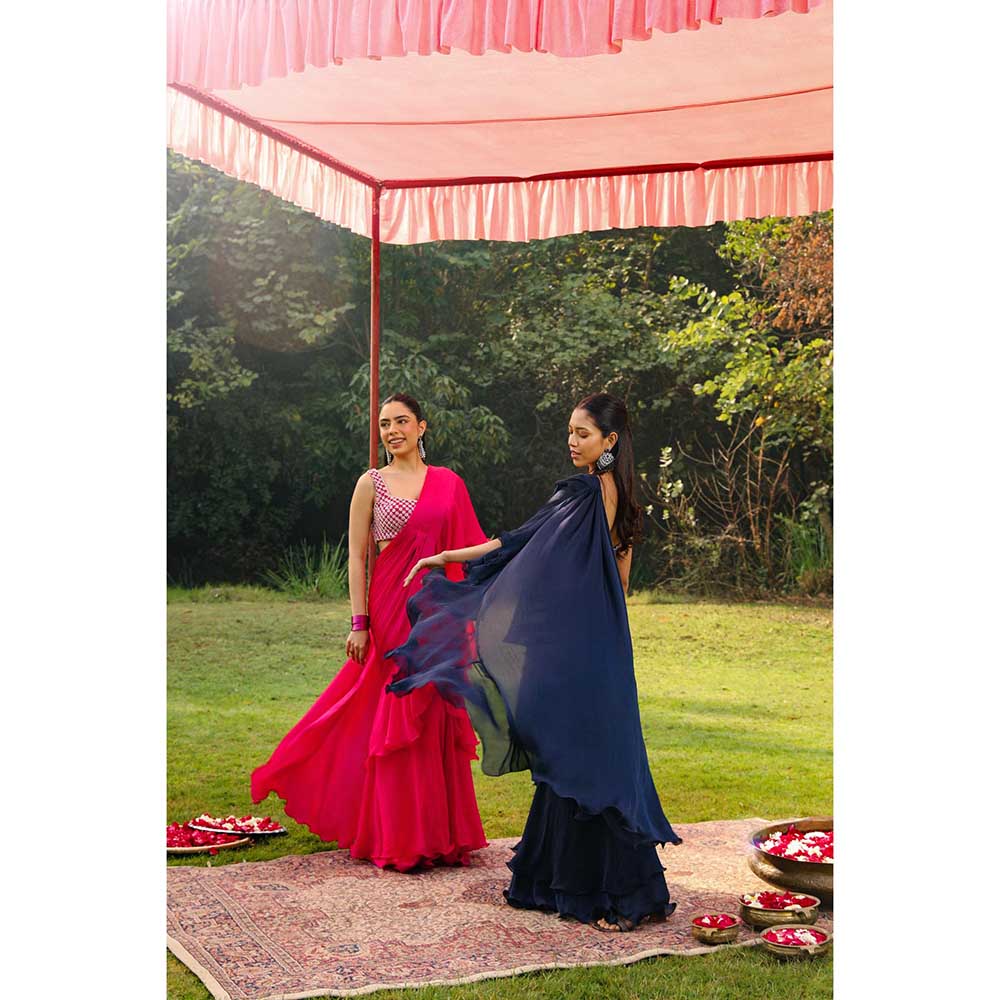 Ajiesh Oberoi Crystal Jaal Work Heavy Stitched Blouse With Pre Drape Saree - Pink