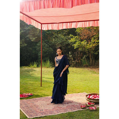 Ajiesh Oberoi Embellished Stitched Blouse With Pre-Draped Frill Saree - Navy Blue