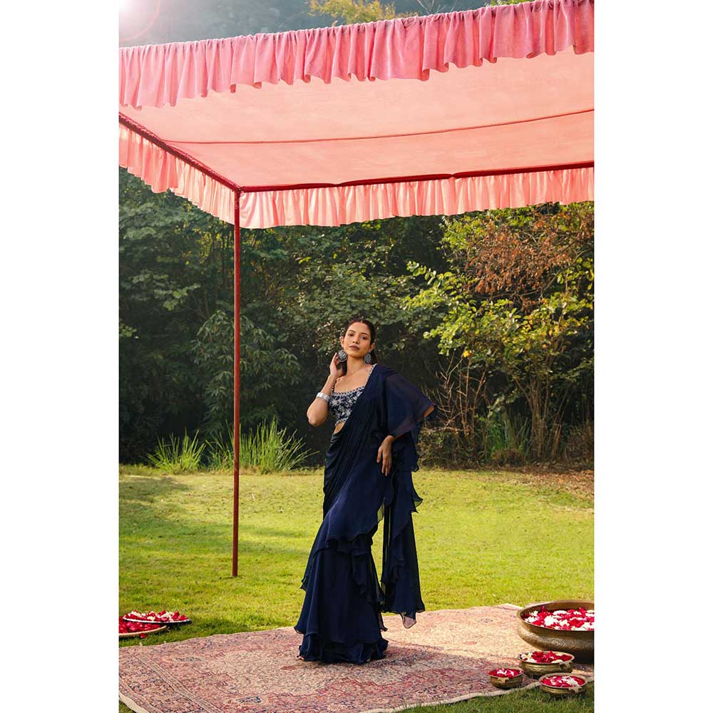 Ajiesh Oberoi Embellished Stitched Blouse With Pre-Draped Frill Saree - Navy Blue