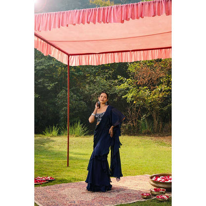 Ajiesh Oberoi Embellished Stitched Blouse With Pre-Draped Frill Saree - Navy Blue
