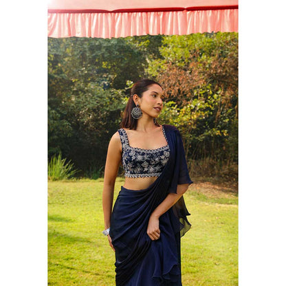 Ajiesh Oberoi Embellished Stitched Blouse With Pre-Draped Frill Saree - Navy Blue