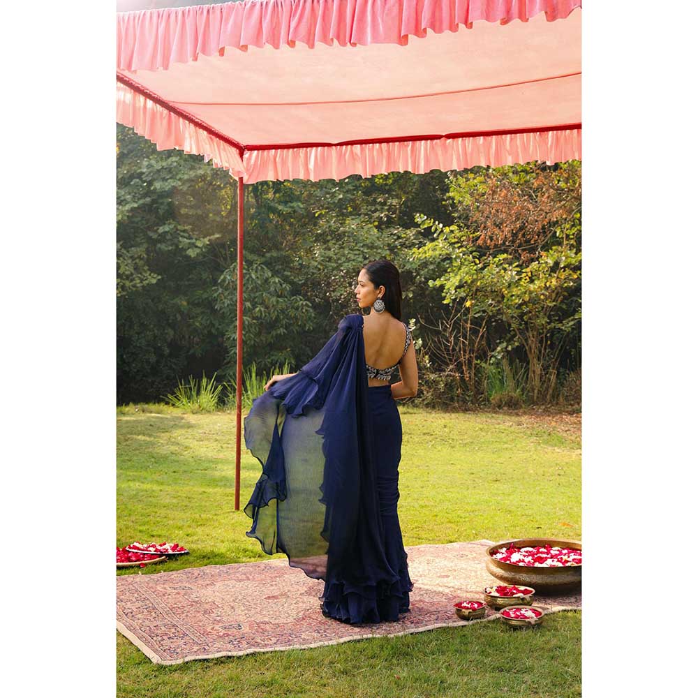 Ajiesh Oberoi Embellished Stitched Blouse With Pre-Draped Frill Saree - Navy Blue
