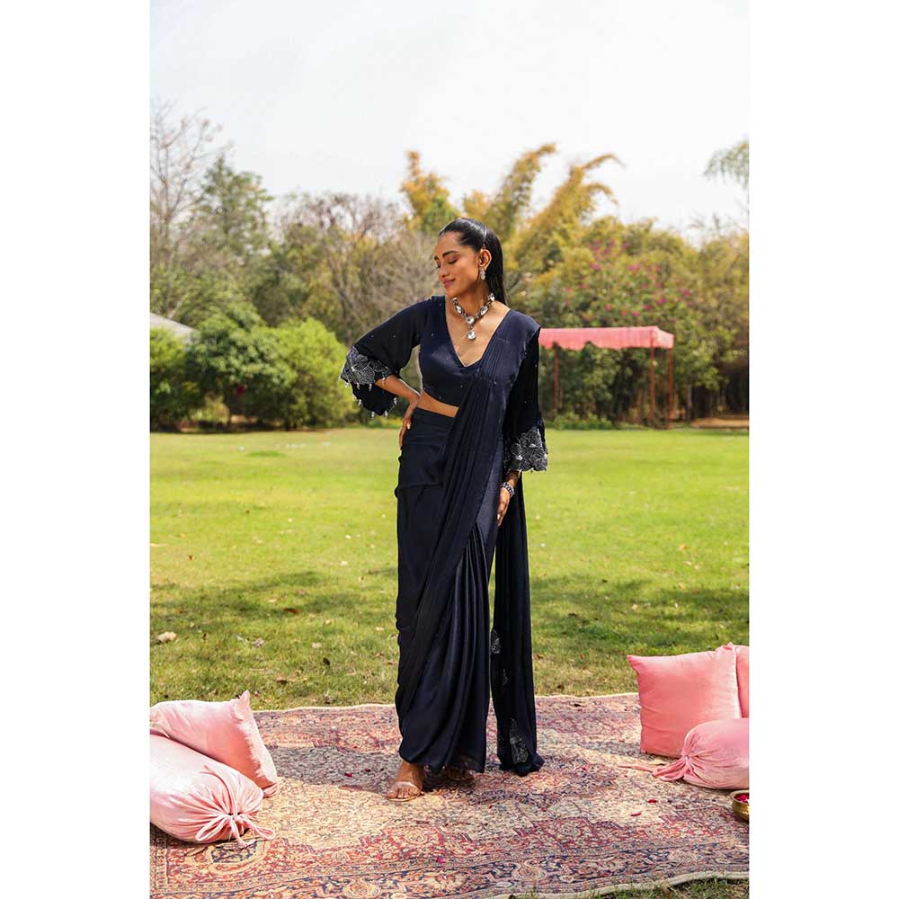 Ajiesh Oberoi Crystal Droplets Stitched Blouse With Side Slit Saree - Black